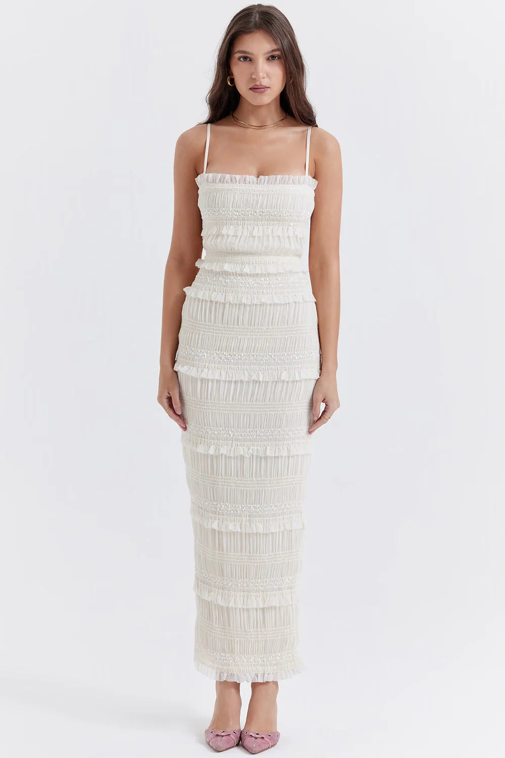 shirred, sculpts, georgette, column silhouette, and ceremonial elegance