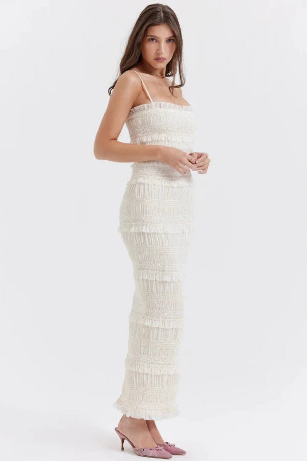 shirred, sculpts, georgette, column silhouette, and ceremonial elegance