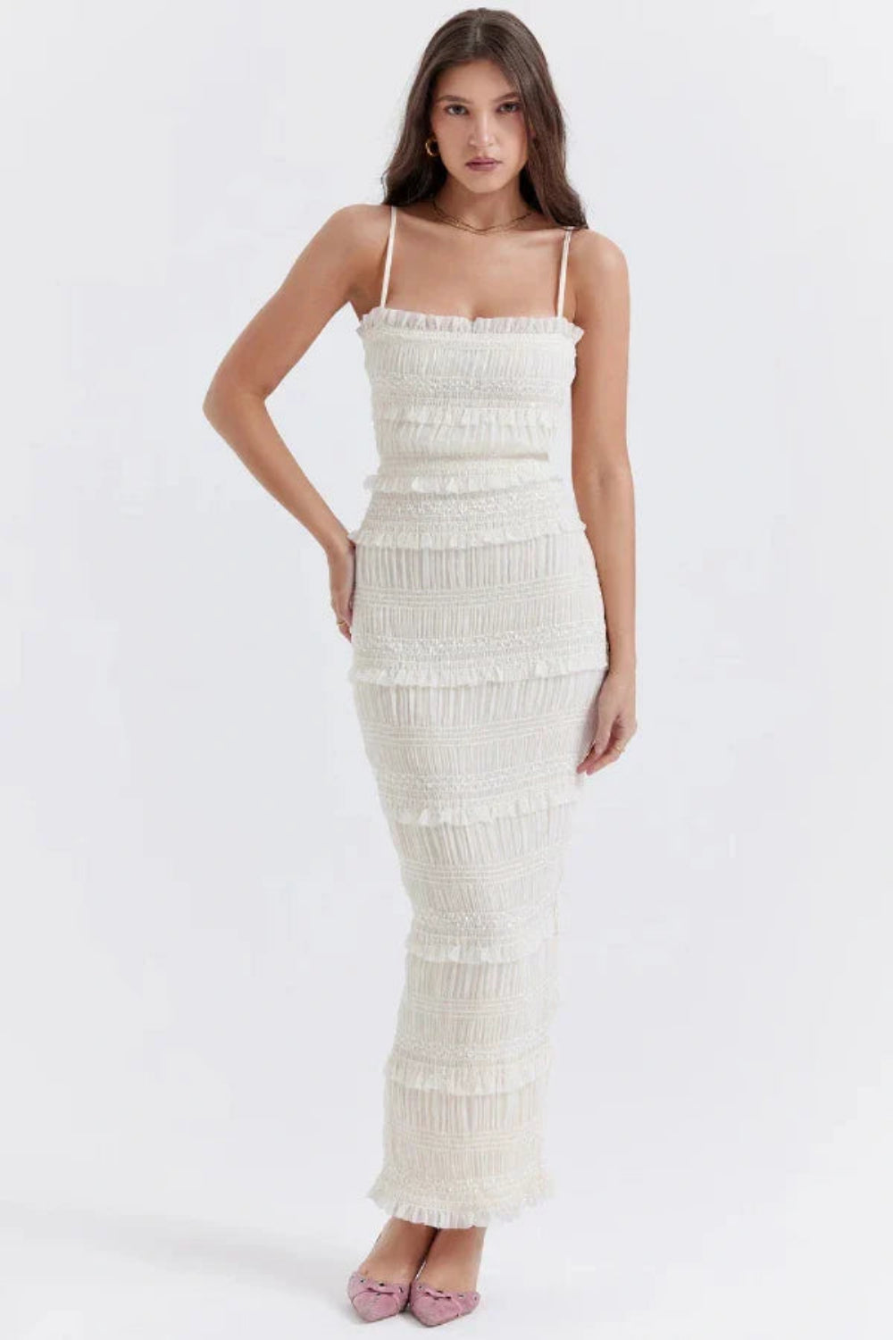 shirred, sculpts, georgette, column silhouette, and ceremonial elegance