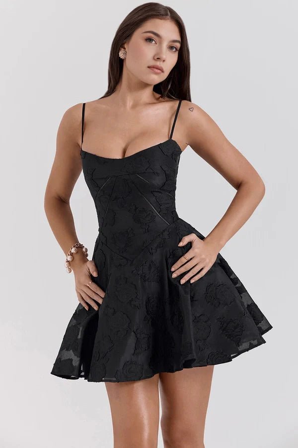 Core keywords are "black corset dress," "lace up mini dress," and "floral jacquard dress