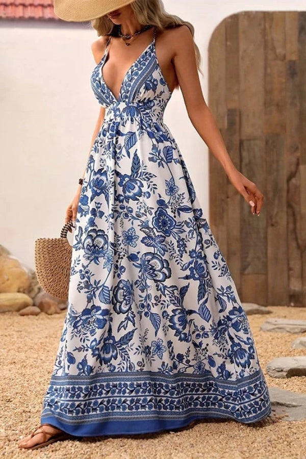 sundress," "A-line silhouette," "Grecian style," "spaghetti straps," and "porcelain print