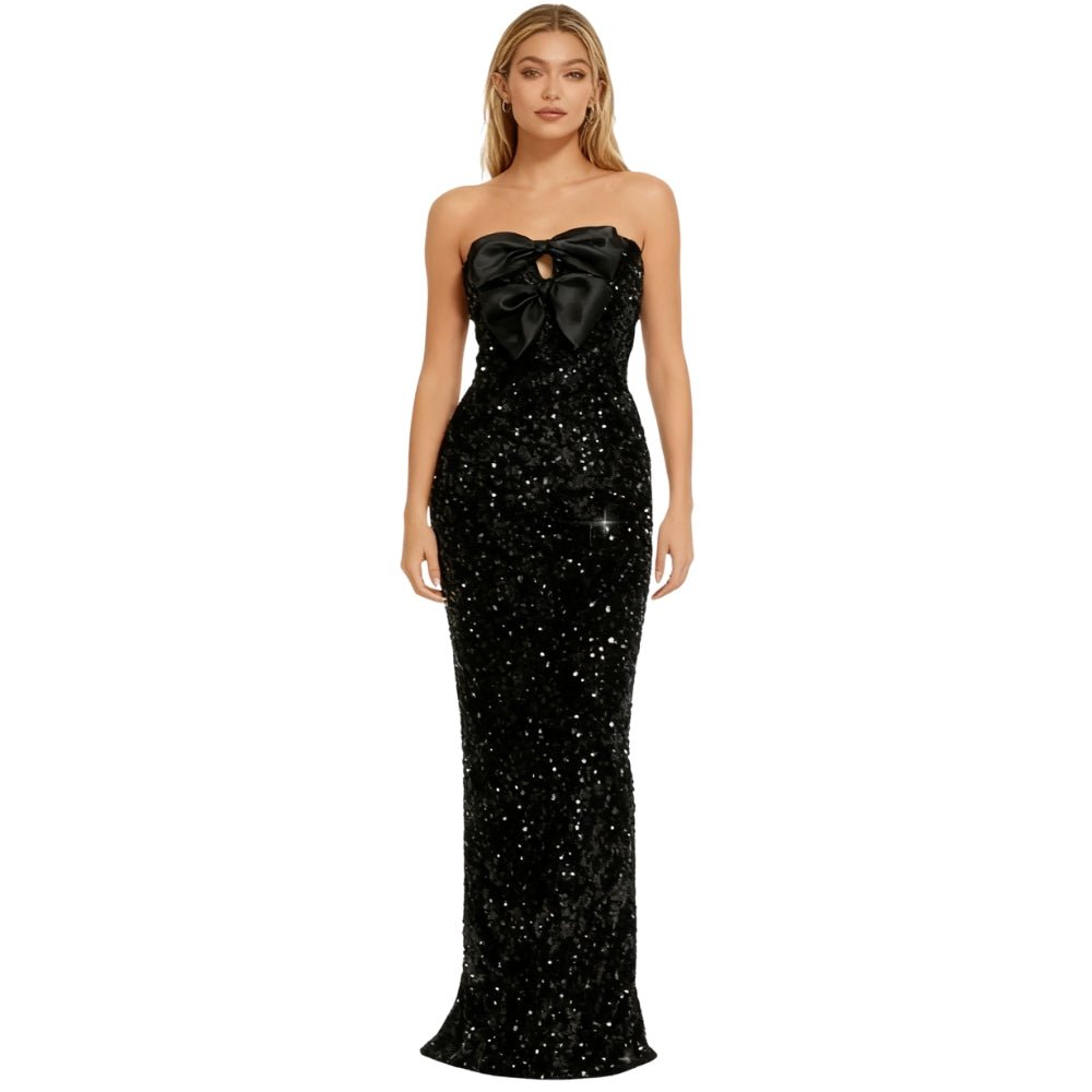 princess polly baby blue dress Black Sequin Strapless Gown with Satin Bow | Formal Evening Maxi Dress for  Gala Black Tie Wedding Guest