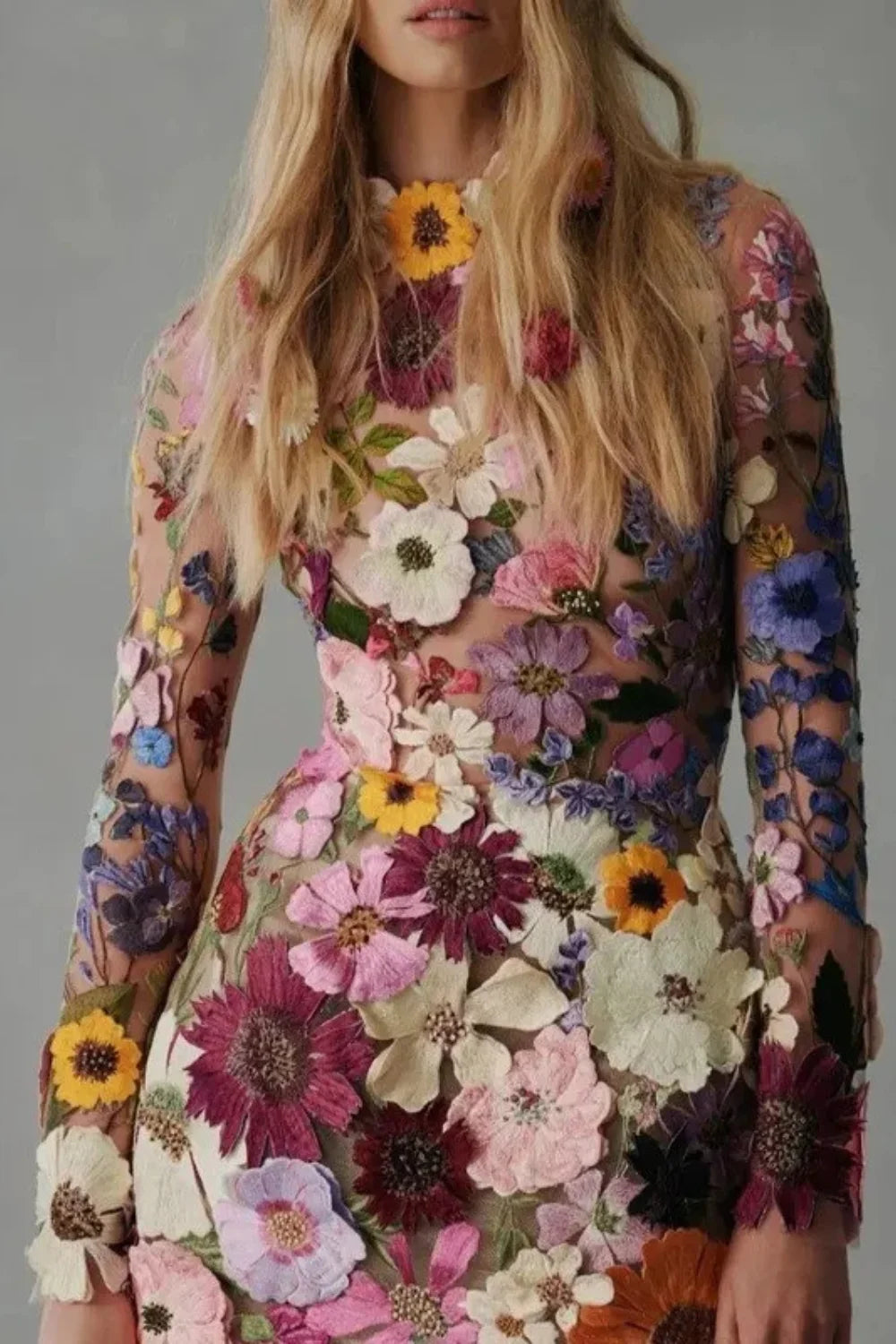Model wearing Kouvr floral embroidered mini dress at a luxury event