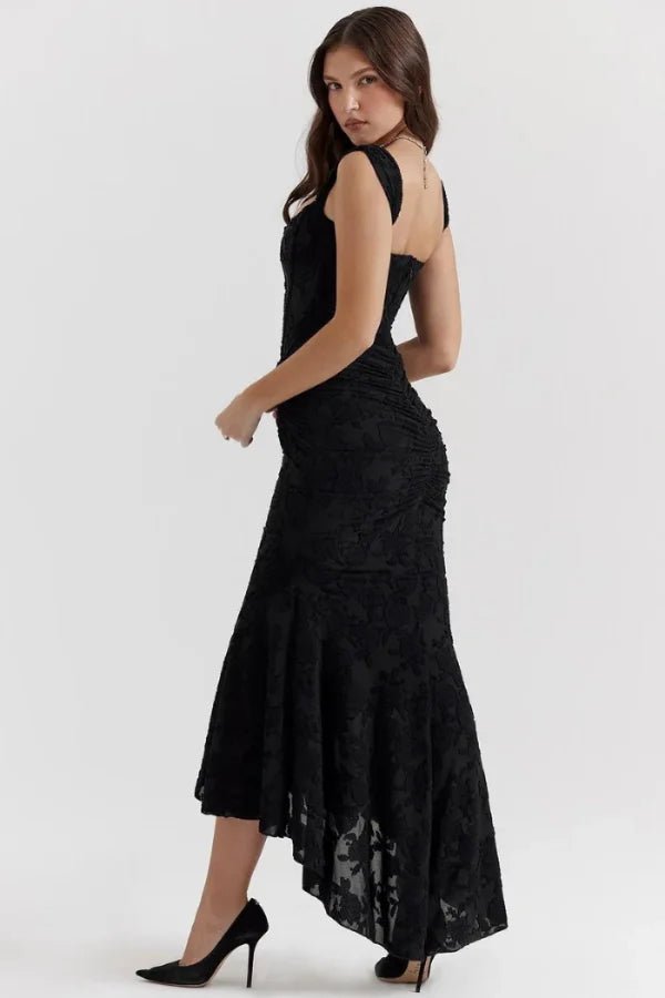 bustier, jacquard, sculpted bodice, asymmetrical hem, ruched, wedding guest, black-tie, prom, gala