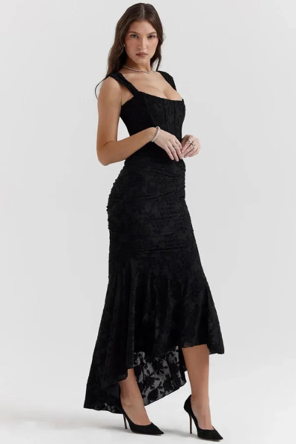 bustier, jacquard, sculpted bodice, asymmetrical hem, ruched, wedding guest, black-tie, prom, gala