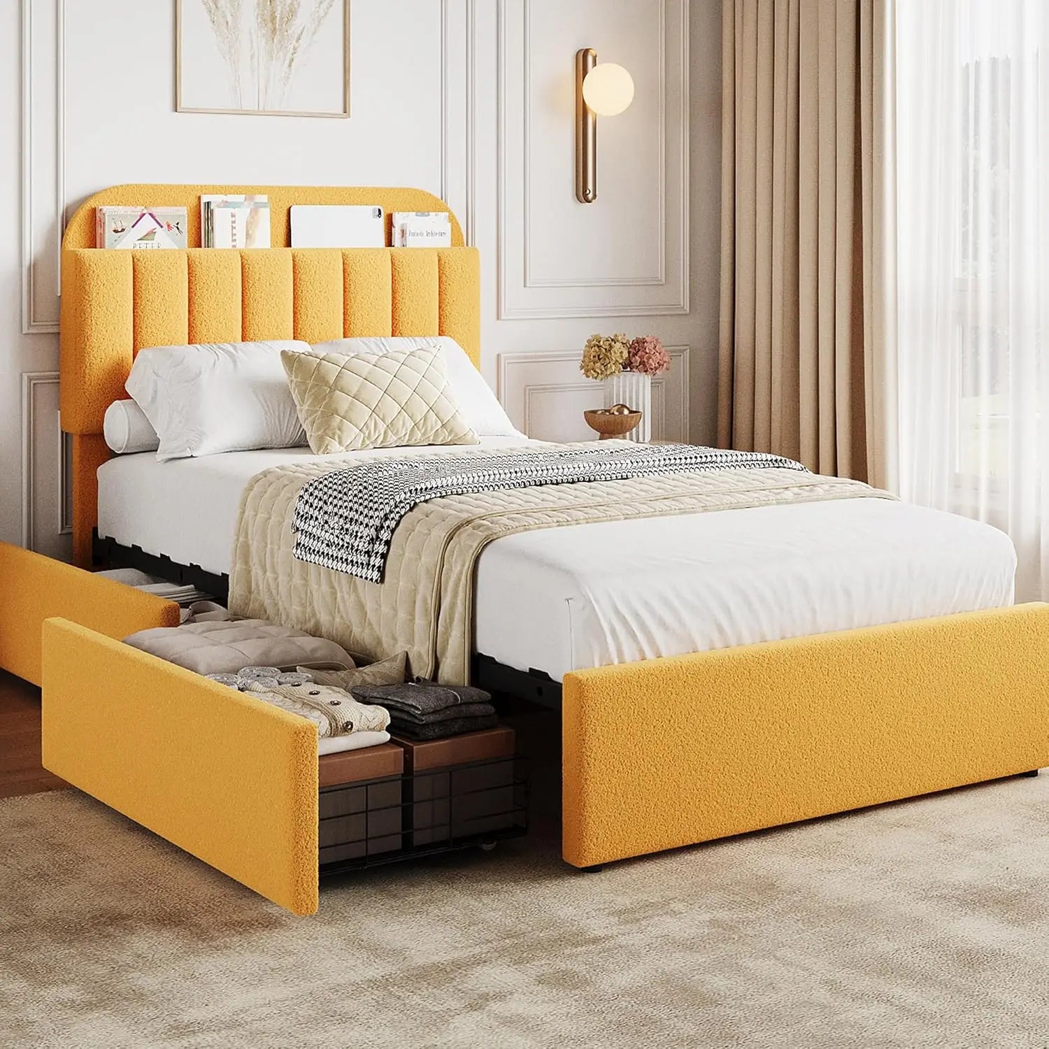 Twin Bed Frame with Storage Headboard Kids Bed Frame with 2 Drawers, Boucle Upholstered Platform Bed with Bookcase Easy Assembly