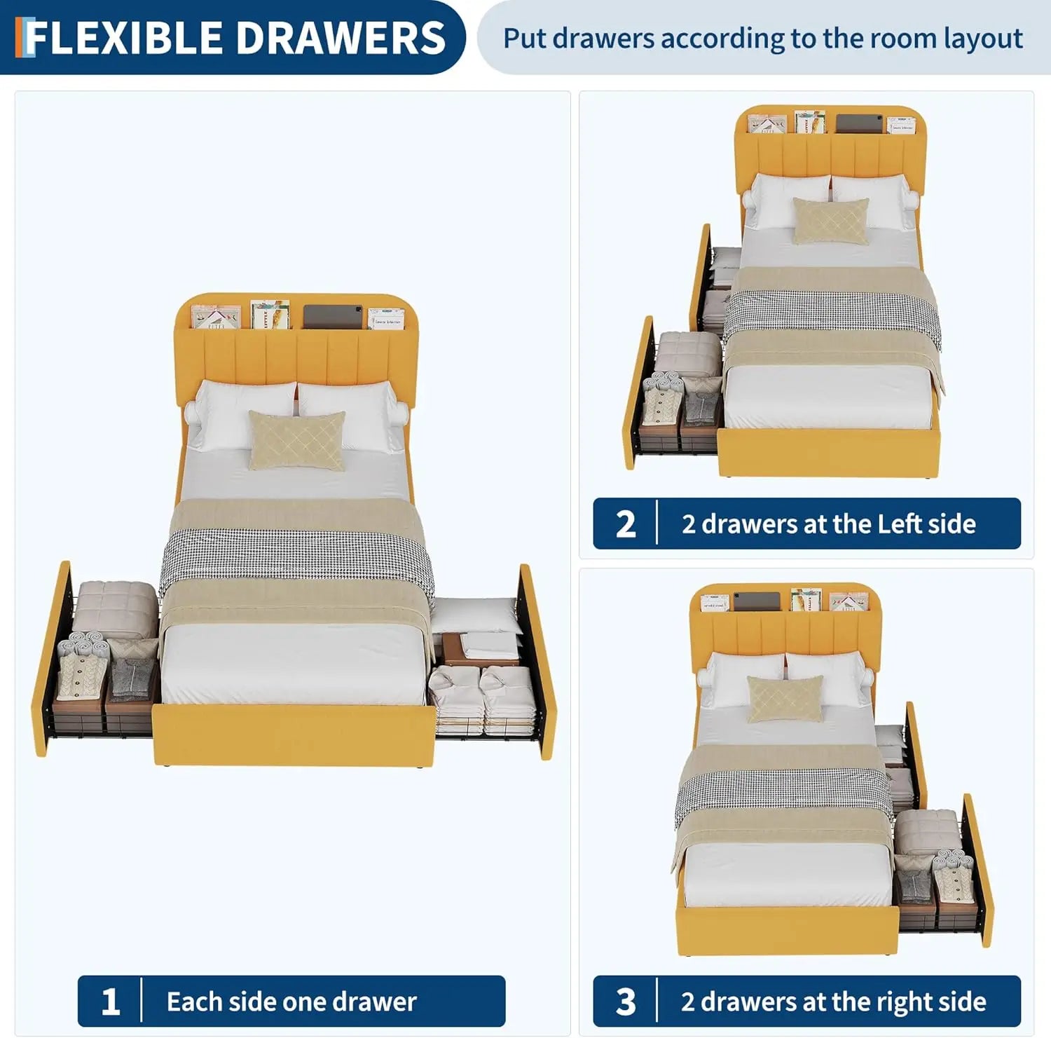 Twin Bed Frame with Storage Headboard Kids Bed Frame with 2 Drawers, Boucle Upholstered Platform Bed with Bookcase Easy Assembly