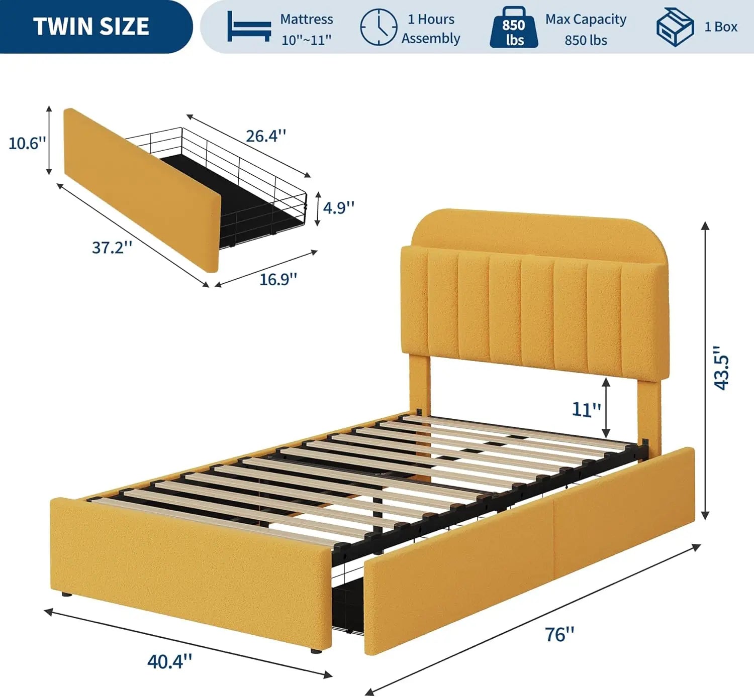 Twin Bed Frame with Storage Headboard Kids Bed Frame with 2 Drawers, Boucle Upholstered Platform Bed with Bookcase Easy Assembly