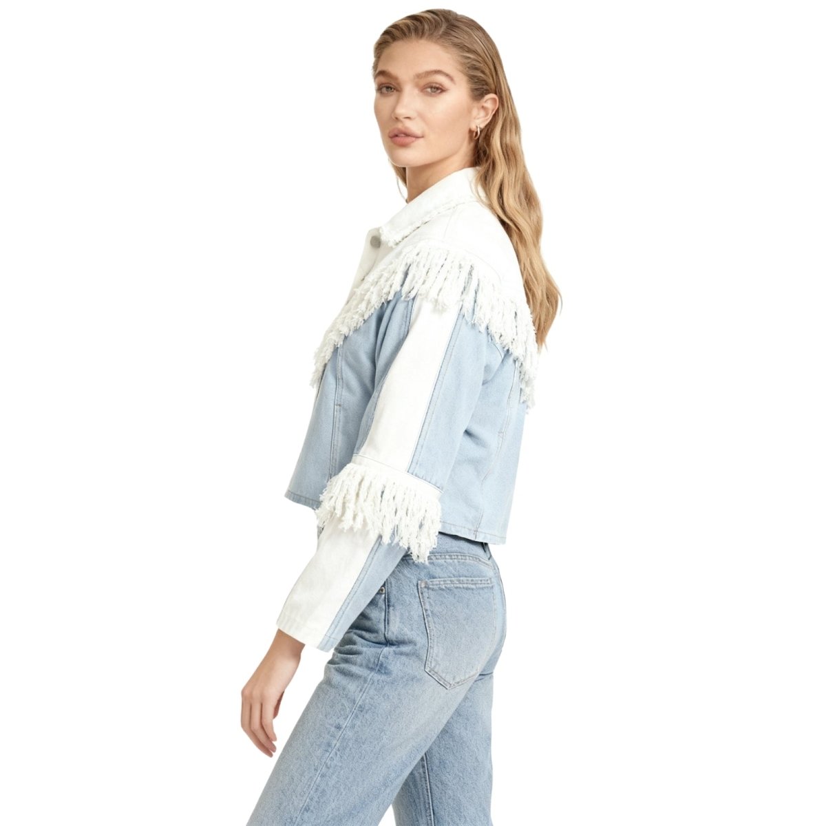Model wearing the Kouvr Simone two-tone blue and white fringe denim jacket, front view.