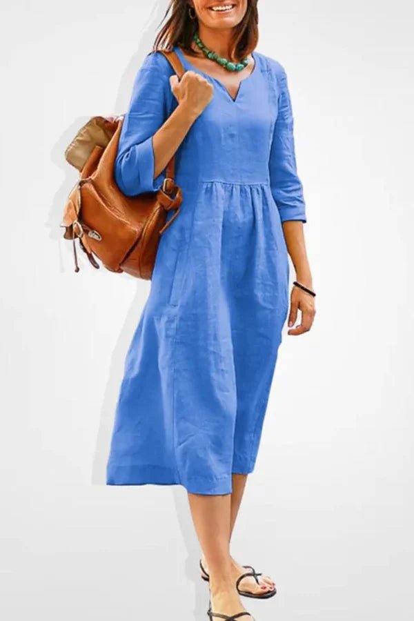 Kouvr Fashion Women's Linen Blend V-Neck Midi Dress - Casual Summer Flowy Kouvr Fashion Women's Linen Blend V-Neck Midi Dress - Casual Summer Flowy
