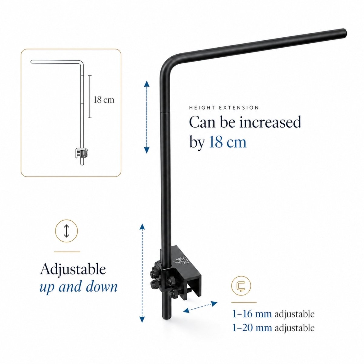 Diagram demonstrating the micro-adjustable up and down height capabilities of the Kouvr aquarium light bracket.