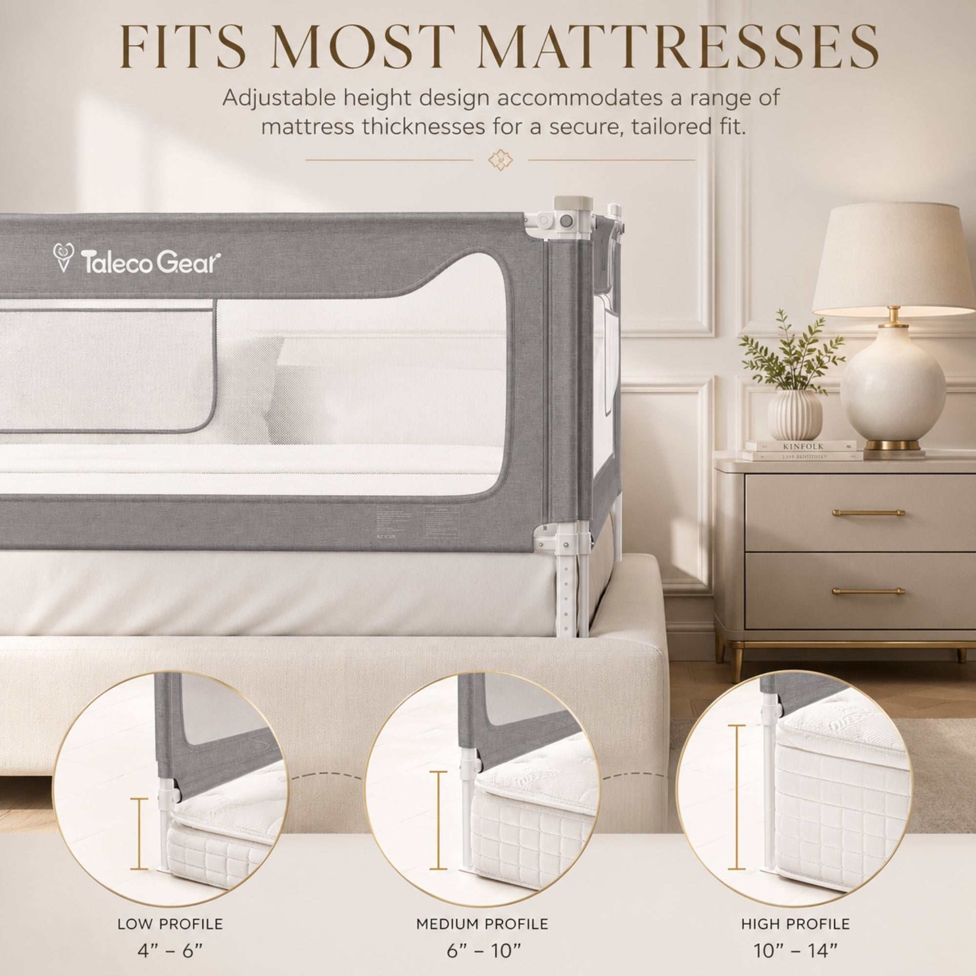 A detailed side profile of the Kouvr adjustable height bed rail guard showcasing low profile, medium profile, and high profile adjustments to fit mattress thicknesses from 4 to 14 inches.