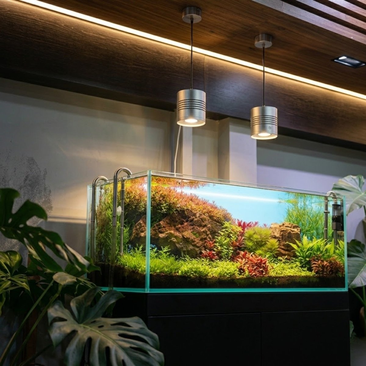 Smartphone interface for the Kouvr aquarium light showing custom RGB and UV color sliders with automated sunrise and sunset dimming schedules.