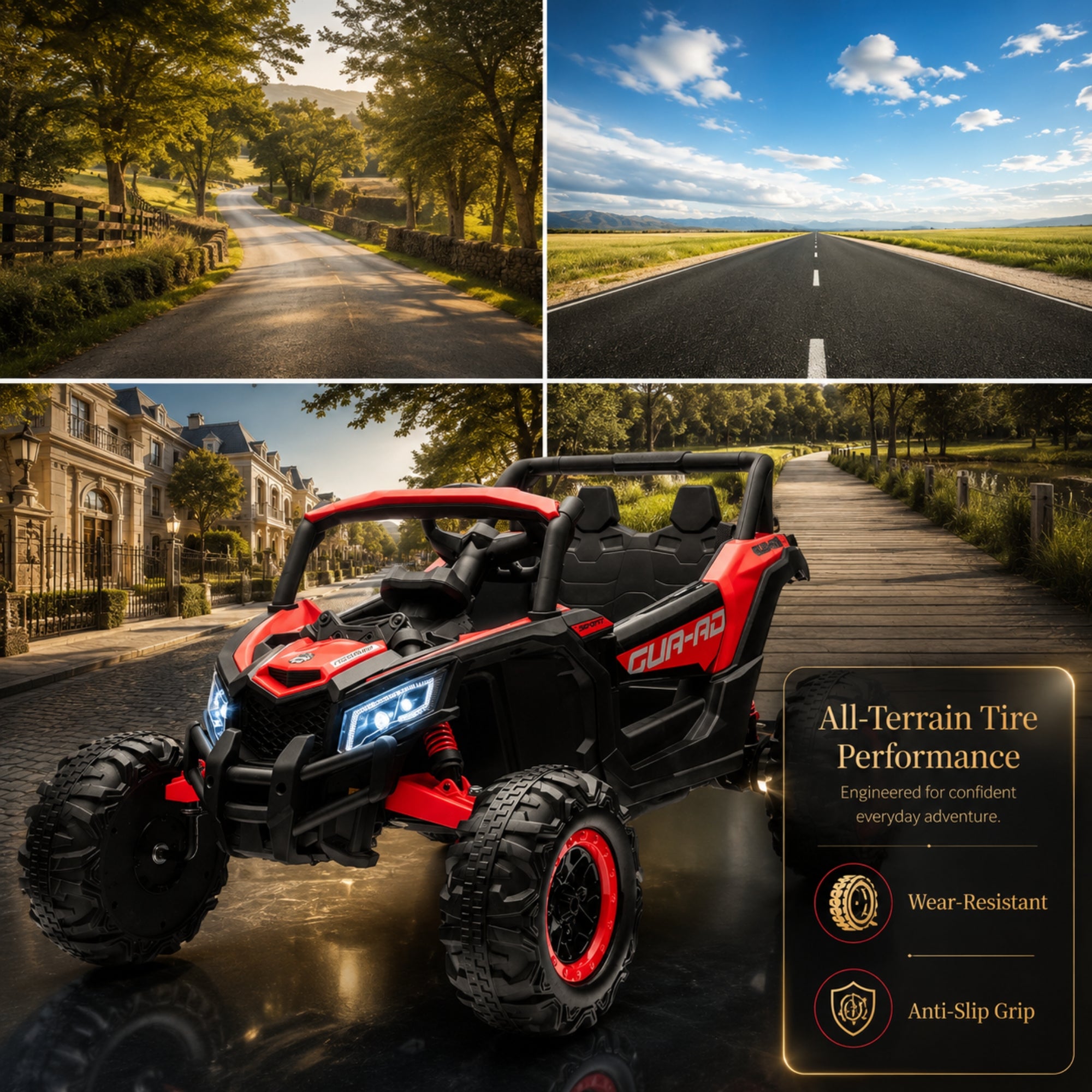Product feature infographic displaying a red kids' UTV with text overlay highlighting wear-resistant, anti-slip all-terrain tire performance on asphalt roads, brick paths, and boardwalks.