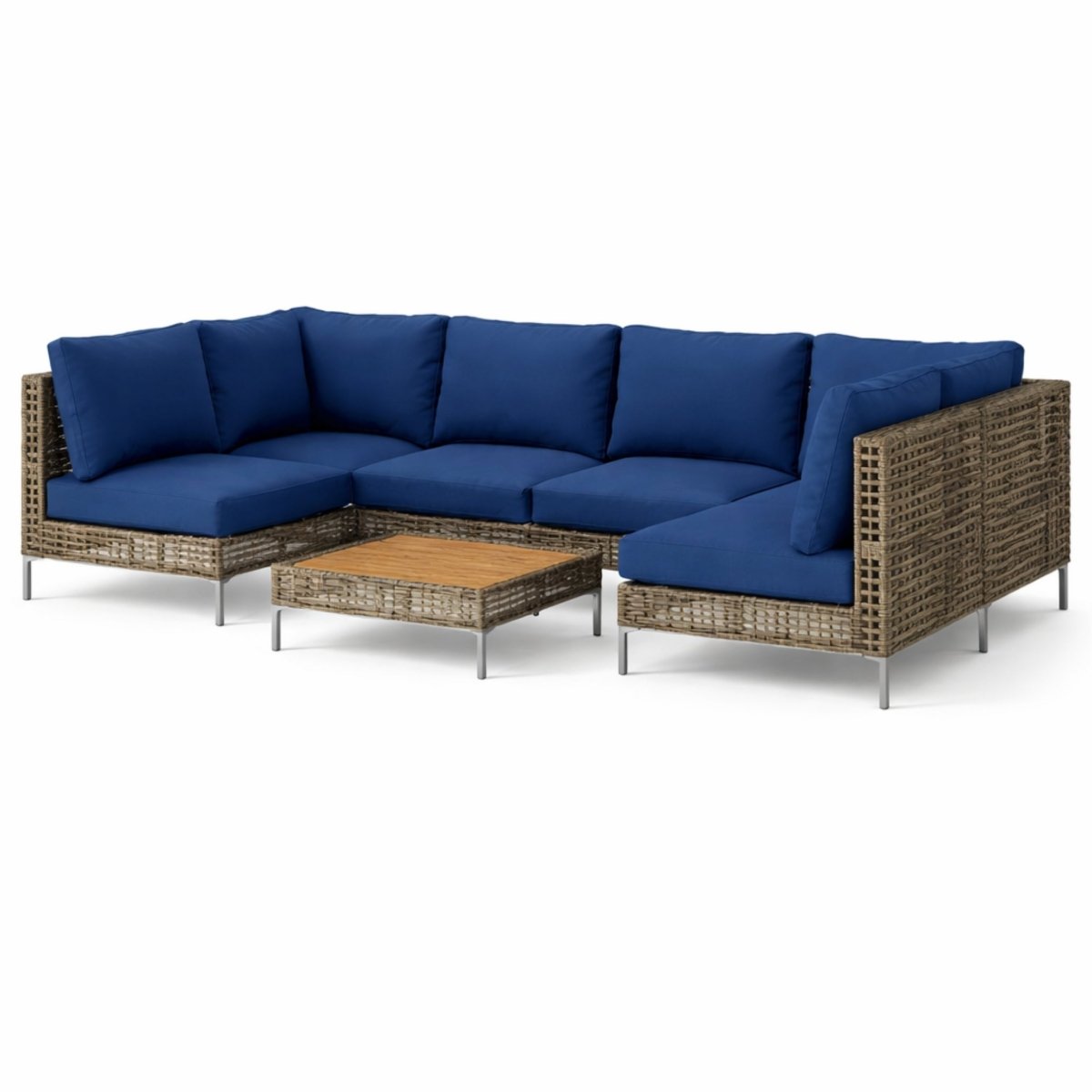 Blue cushions on a handwoven wicker modular outdoor sectional sofa isolated on a white background
