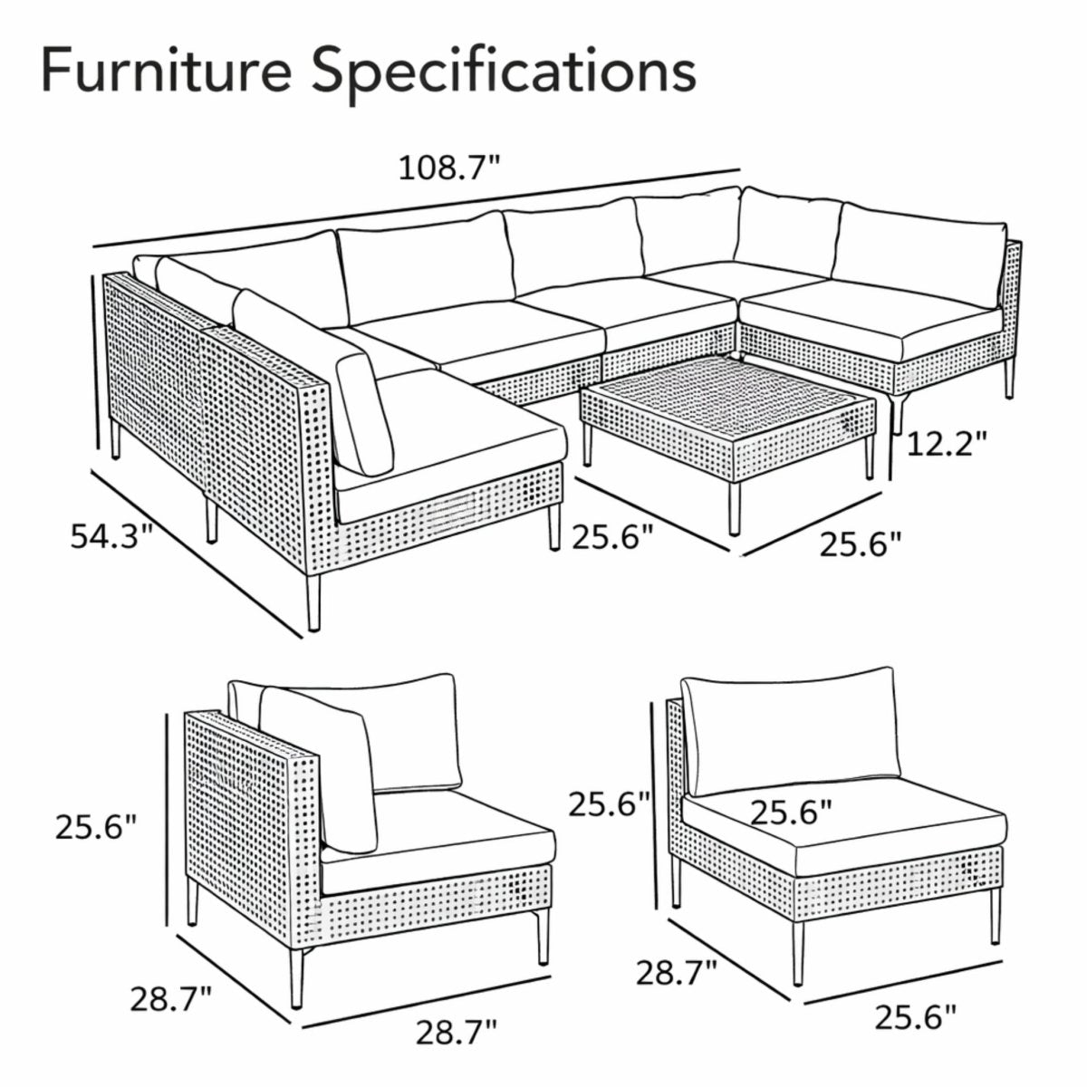 Technical drawing and dimensional specifications for the Amalfi U-shape outdoor wicker sectional sofa and table