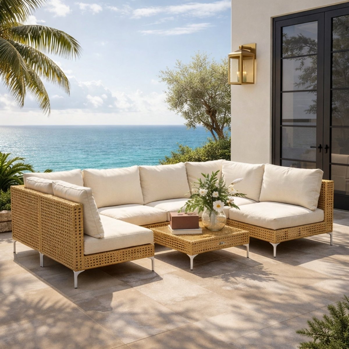 Beige luxury U-shape wicker outdoor sectional sofa set on a beachfront patio overlooking the ocean by Kouvr