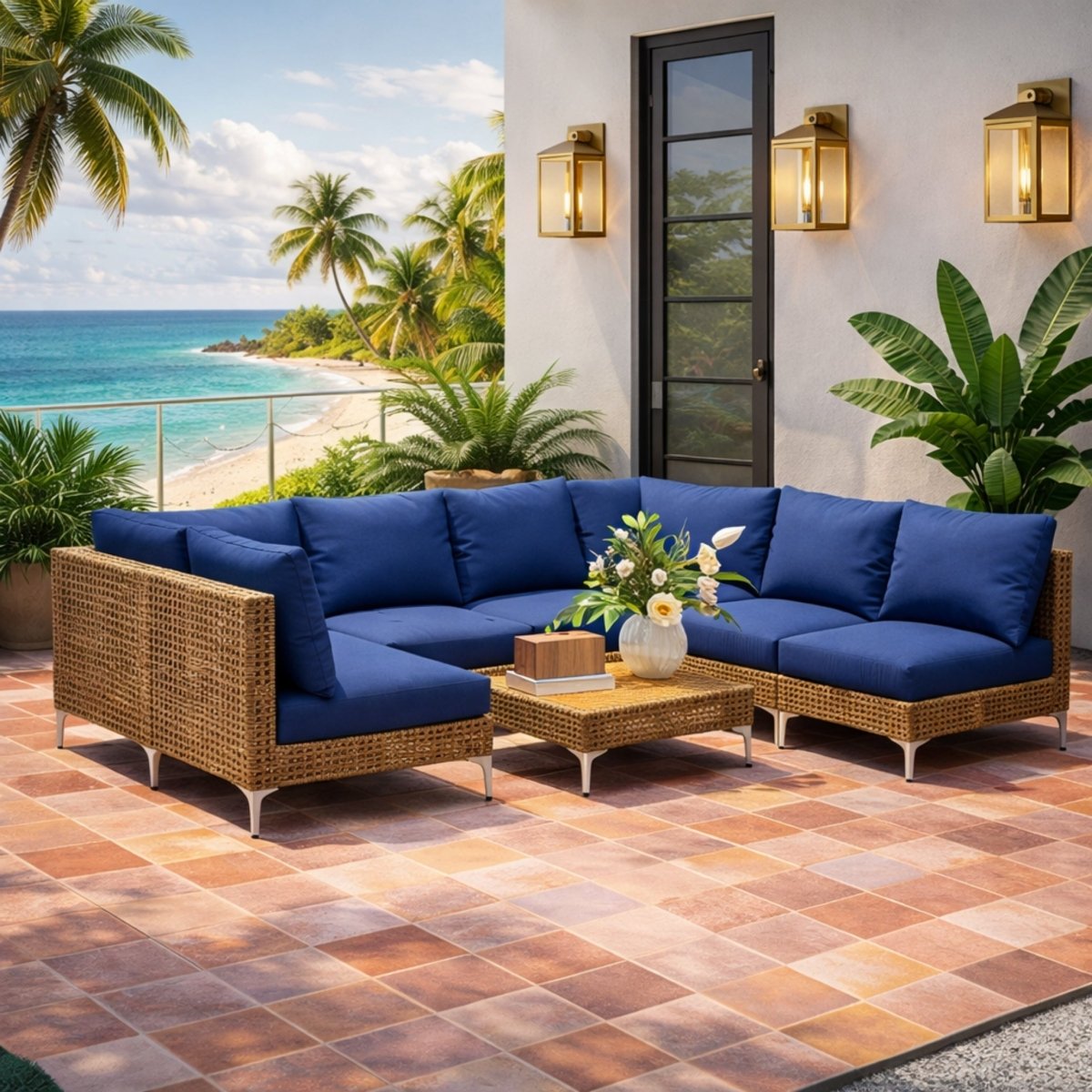 blue modular outdoor patio sectional furniture set with wicker coffee table in a tropical resort setting