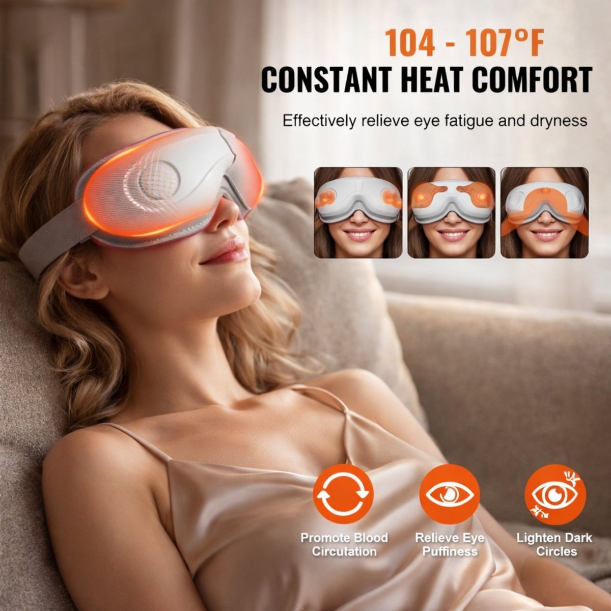 Woman enjoying the soothing heat of the KVOUR eye massager which promotes blood circulation to relieve eye puffiness and lighten dark circles.
