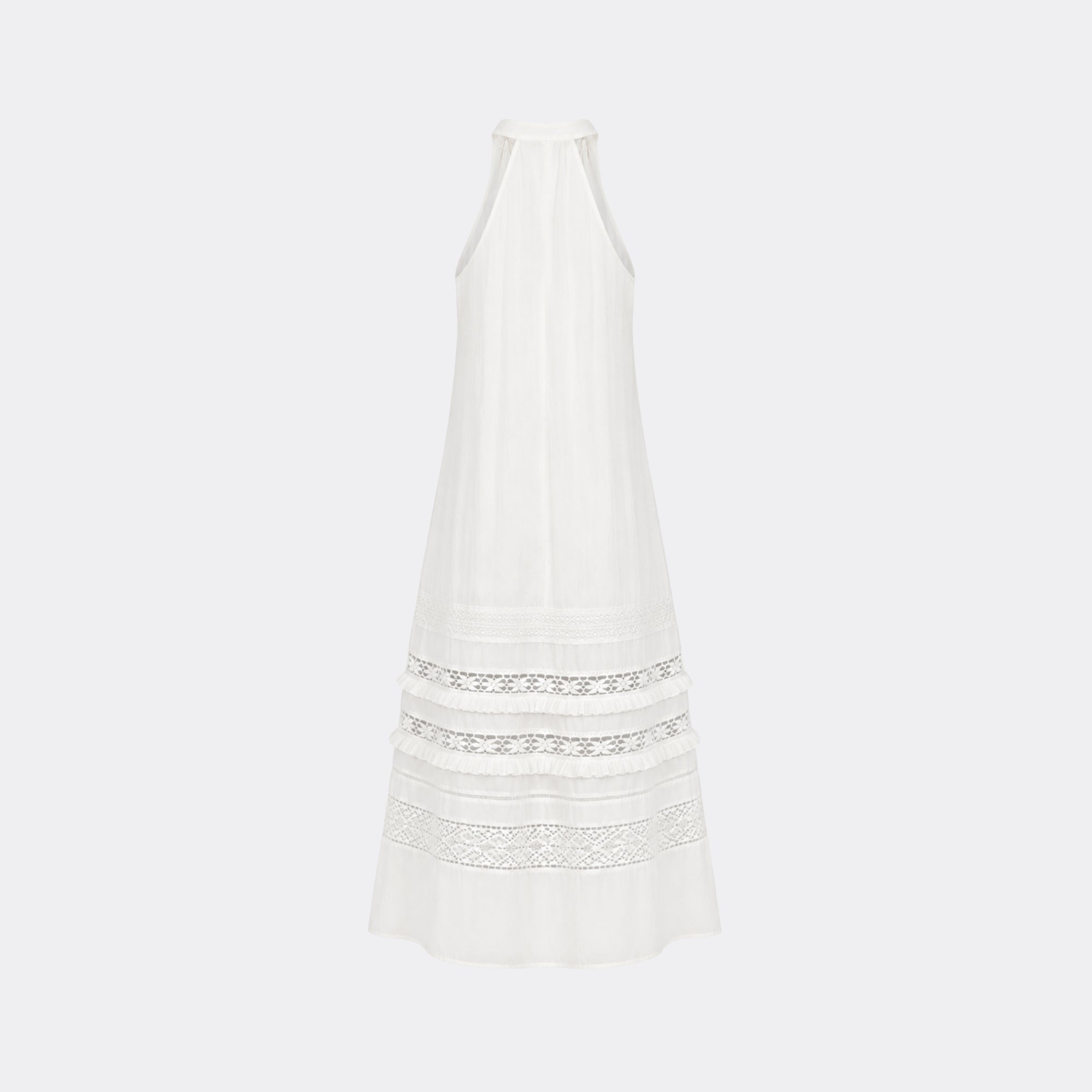 Ghost mannequin back view of the white summer maxi dress displaying the intricate horizontal lace inserts.