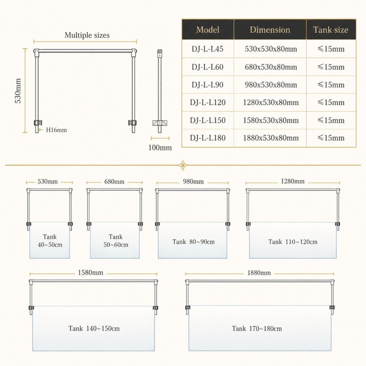 Comprehensive sizing chart guide for multiple Kouvr aquarium light mount models designed to perfectly fit tanks ranging from 40cm to 180cm.