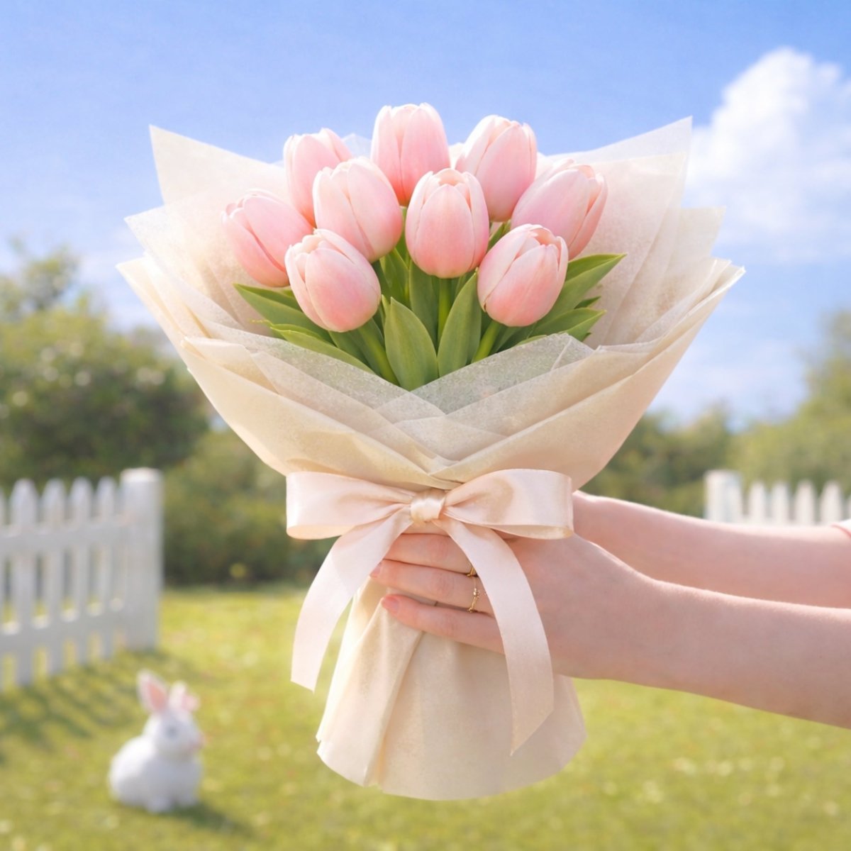 Both hands hold a medium-sized bouquet of pink tulips tied with a ribbon, set against a background with a white picket fence. Two white rabbit figurines sit on the grass in the background under a blue sky with clouds.