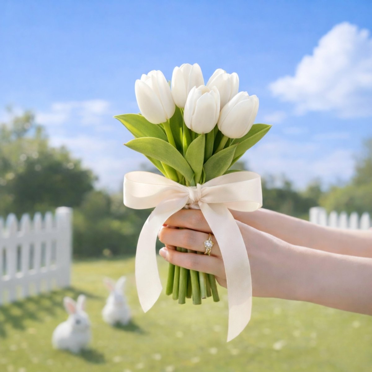 Hands delicately hold a classic-sized bouquet of artificial white tulips tied with a large cream-colored ribbon. Two white decorative bunnies and a white picket fence are on the lawn in the background.