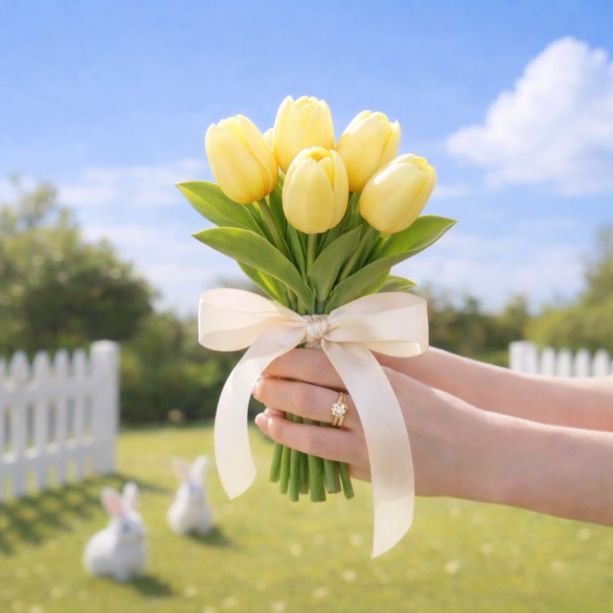 Hands delicately present a classic-sized bouquet of vibrant artificial yellow tulips tied with a large cream ribbon. The grassy lawn background includes two decorative white bunnies and a white picket fence.