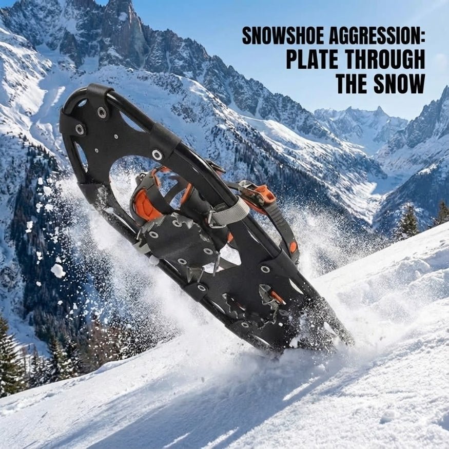 High-traction snowshoe digging into a steep snowy slope showing aggressive crampons and "plate through the snow" technology.