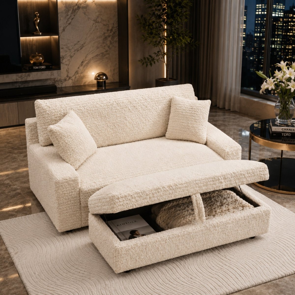 Modern beige boucle loveseat with an open storage ottoman revealing a large hidden compartment in a luxury high-rise apartment living room.