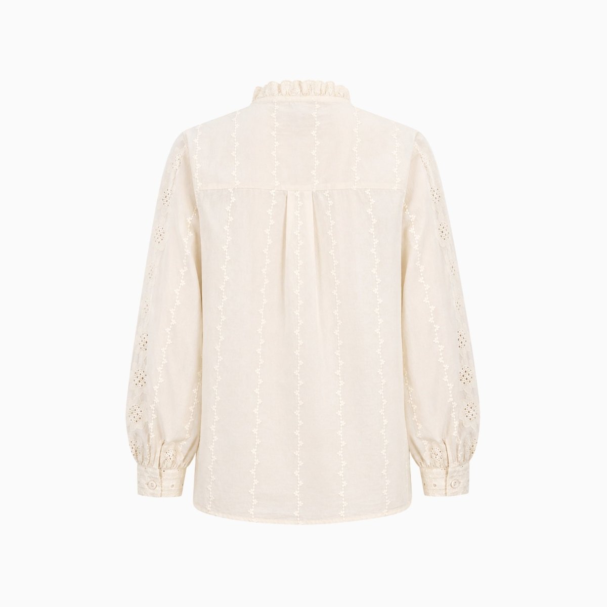 Back view product shot of a beige bohemian embroidered shirt showing collar details and straight curved hemline.