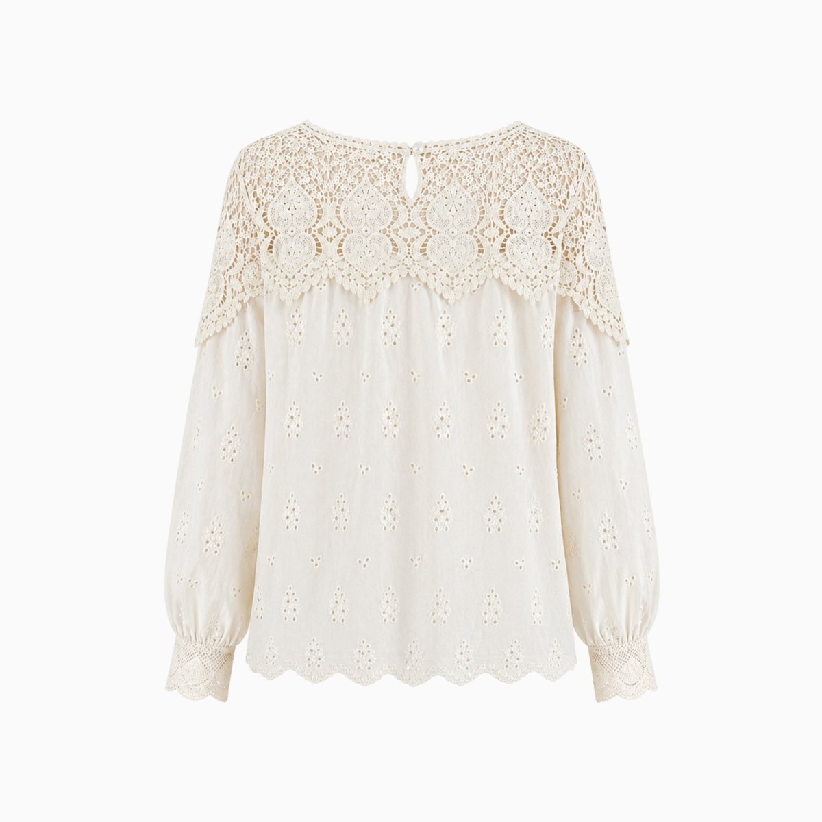 Back flat lay product shot of beige bohemian cotton blouse displaying premium floral crochet back details