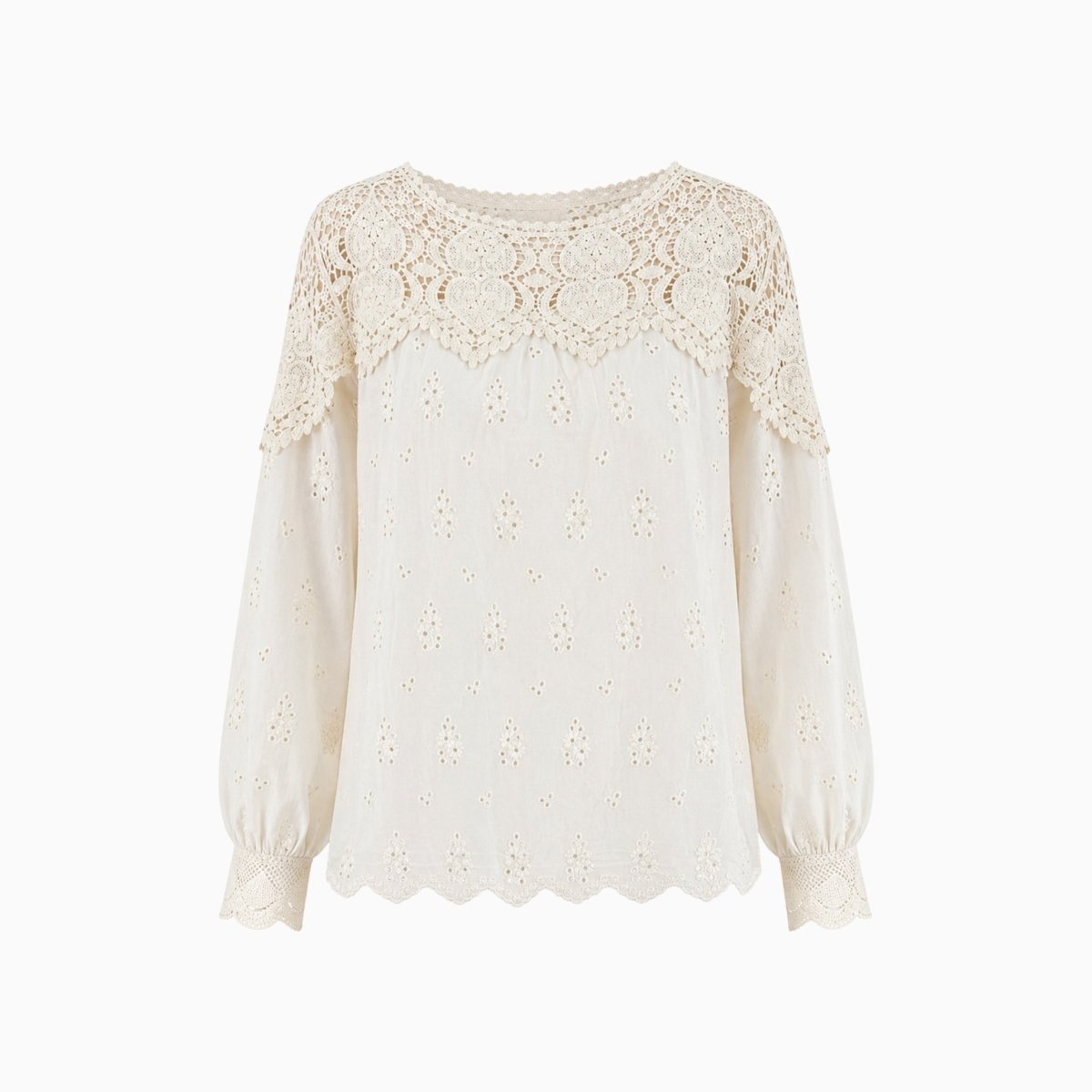 Front flat lay product shot of Kouvr beige eyelet long sleeve top showing detailed lace yoke and scalloped hemline