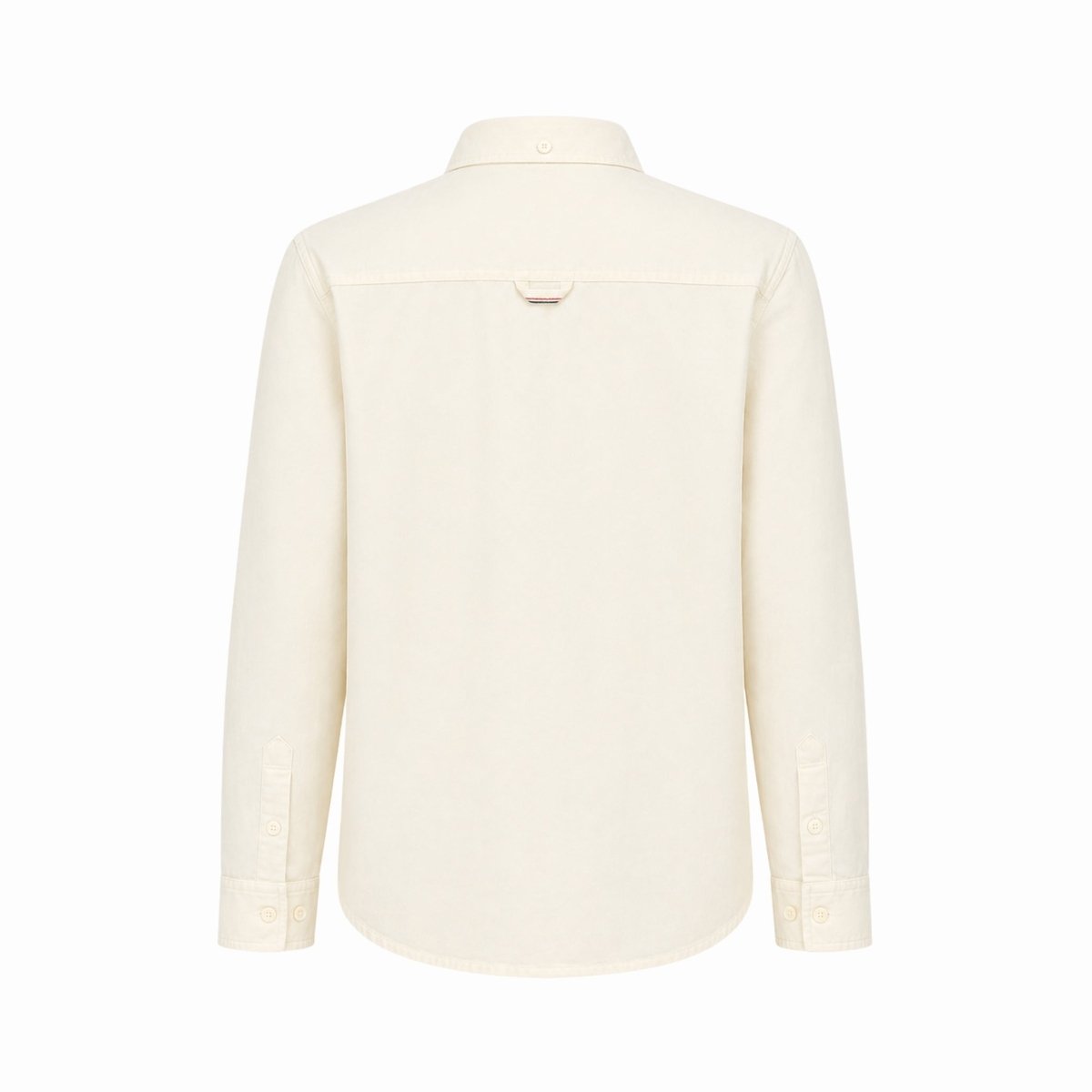 Ghost mannequin back view of a women's beige heavy cotton button-down shirt highlighting the clean lines and back yoke construction.