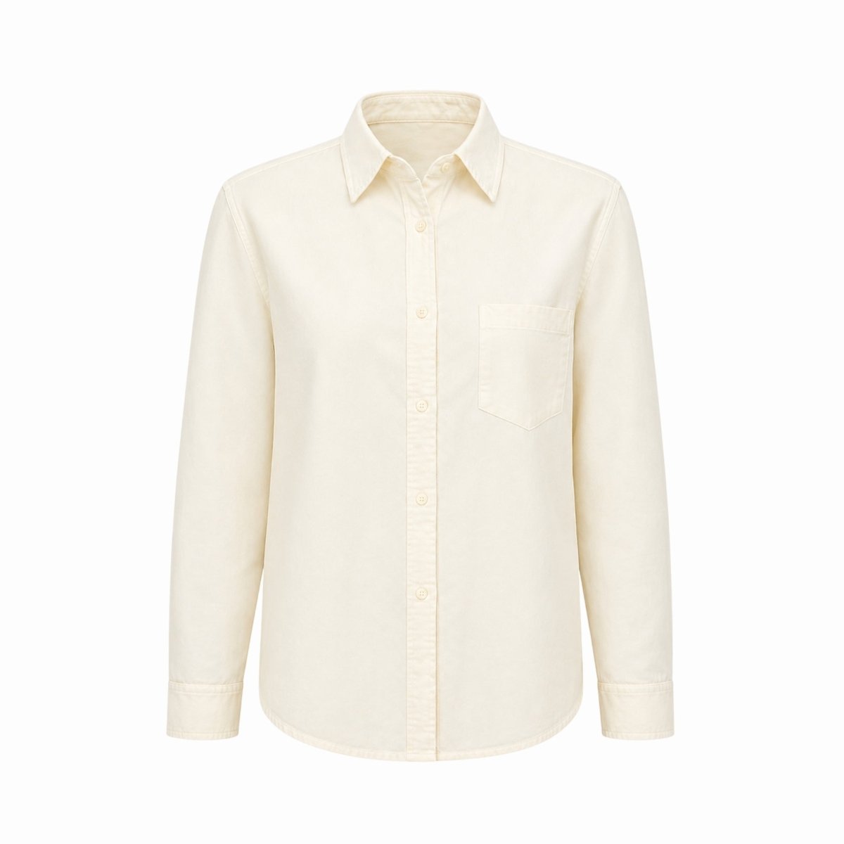 Ghost mannequin front view of a women's beige heavy cotton button-down shirt featuring a single chest pocket and pointed collar.