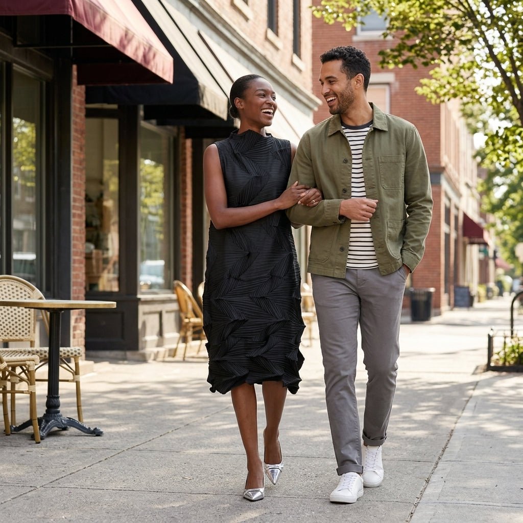 Smiling woman walking down the street wearing a chic black architectural pleated dress with her partner.