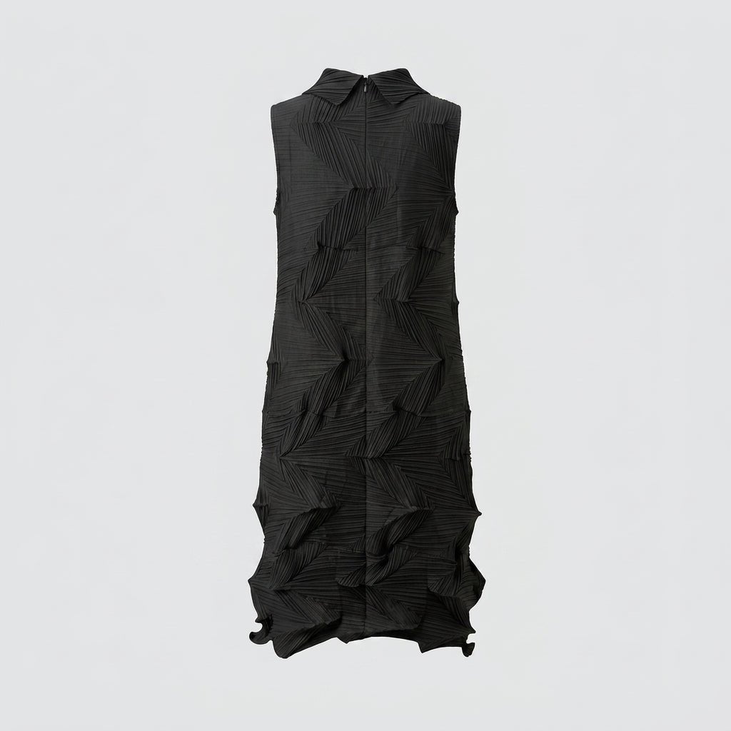 Back view flat lay of the elegant black geometric pleated evening dress.
