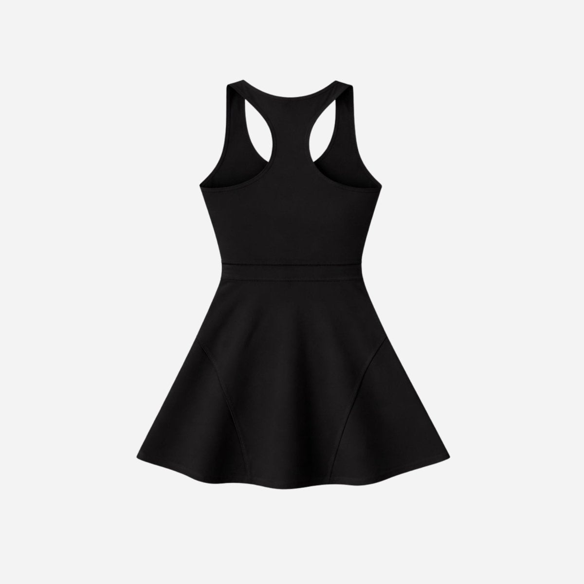 Ghost mannequin back view of black racerback sports dress by Kouvr