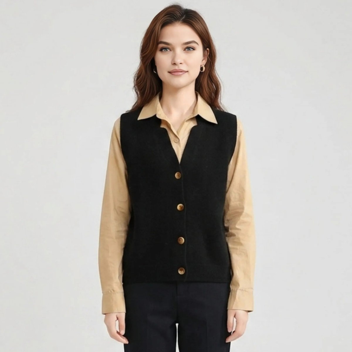 Front view of women's black button-down knit sweater vest layered over a tan collared shirt