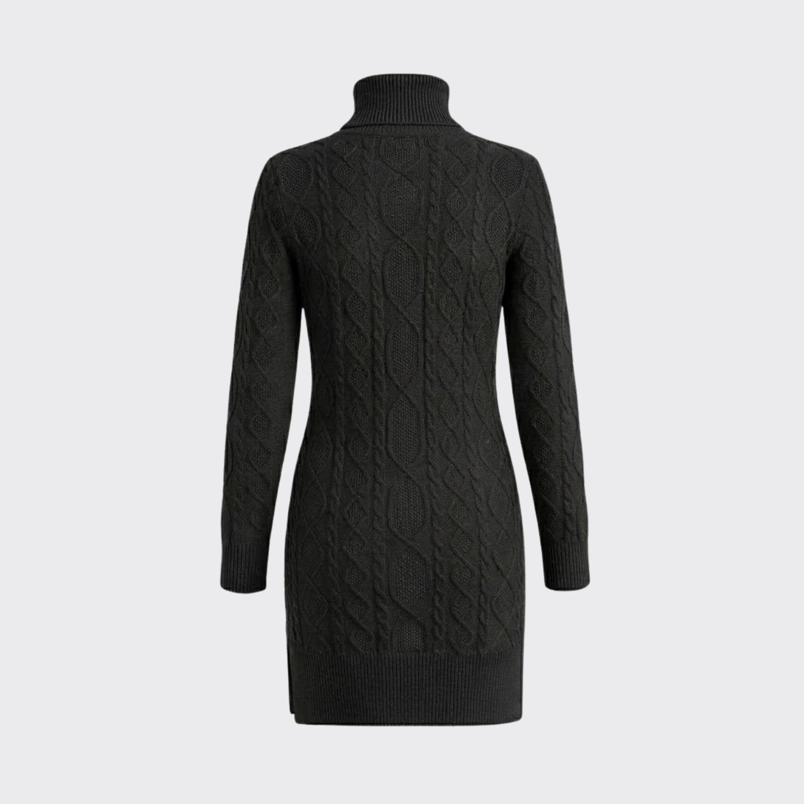 Back view flat lay of the Kouvr Fashion black sweater dress against a light grey background.