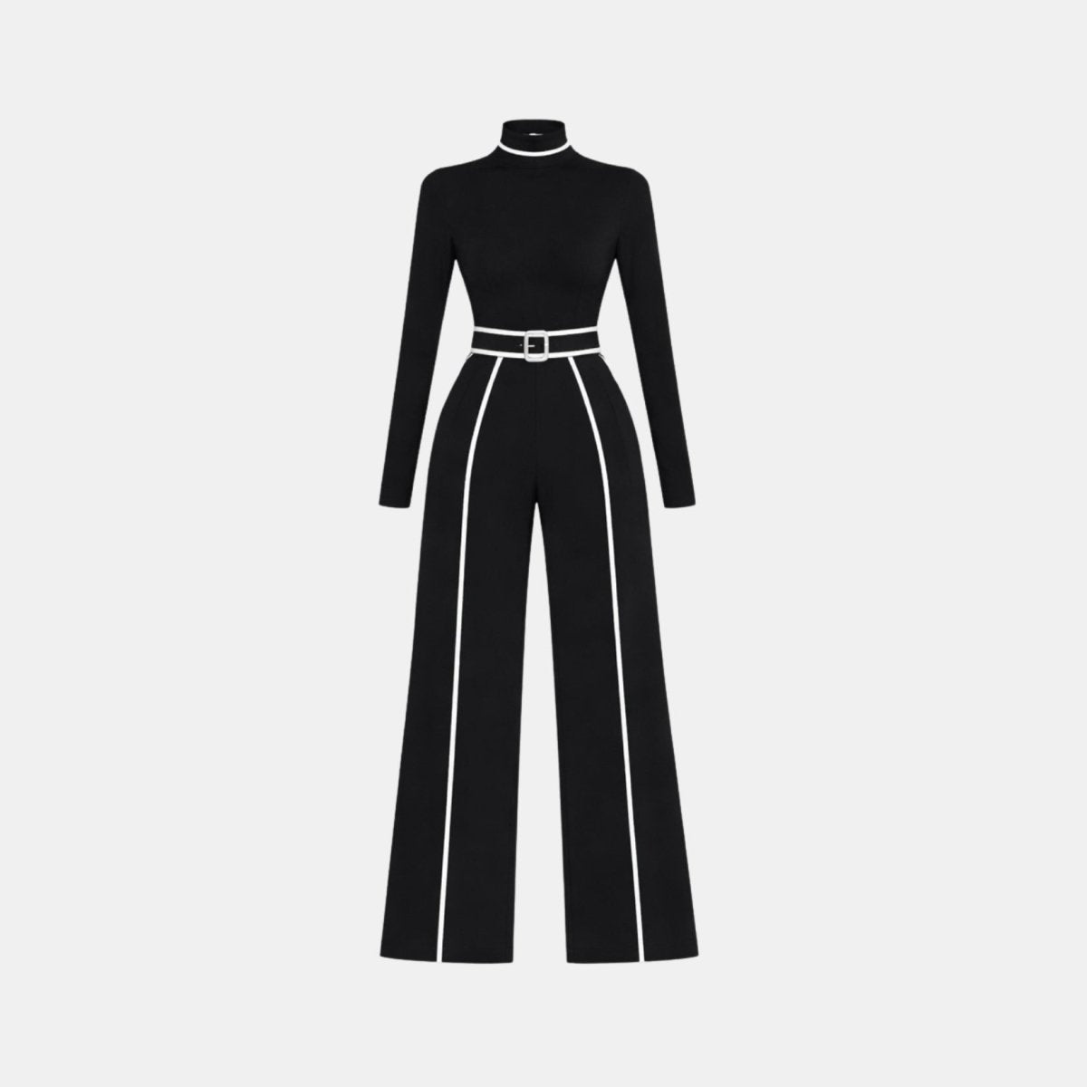 Flat lay studio shot of Kouvr black mock neck belted jumpsuit with white piping details on a light grey background.