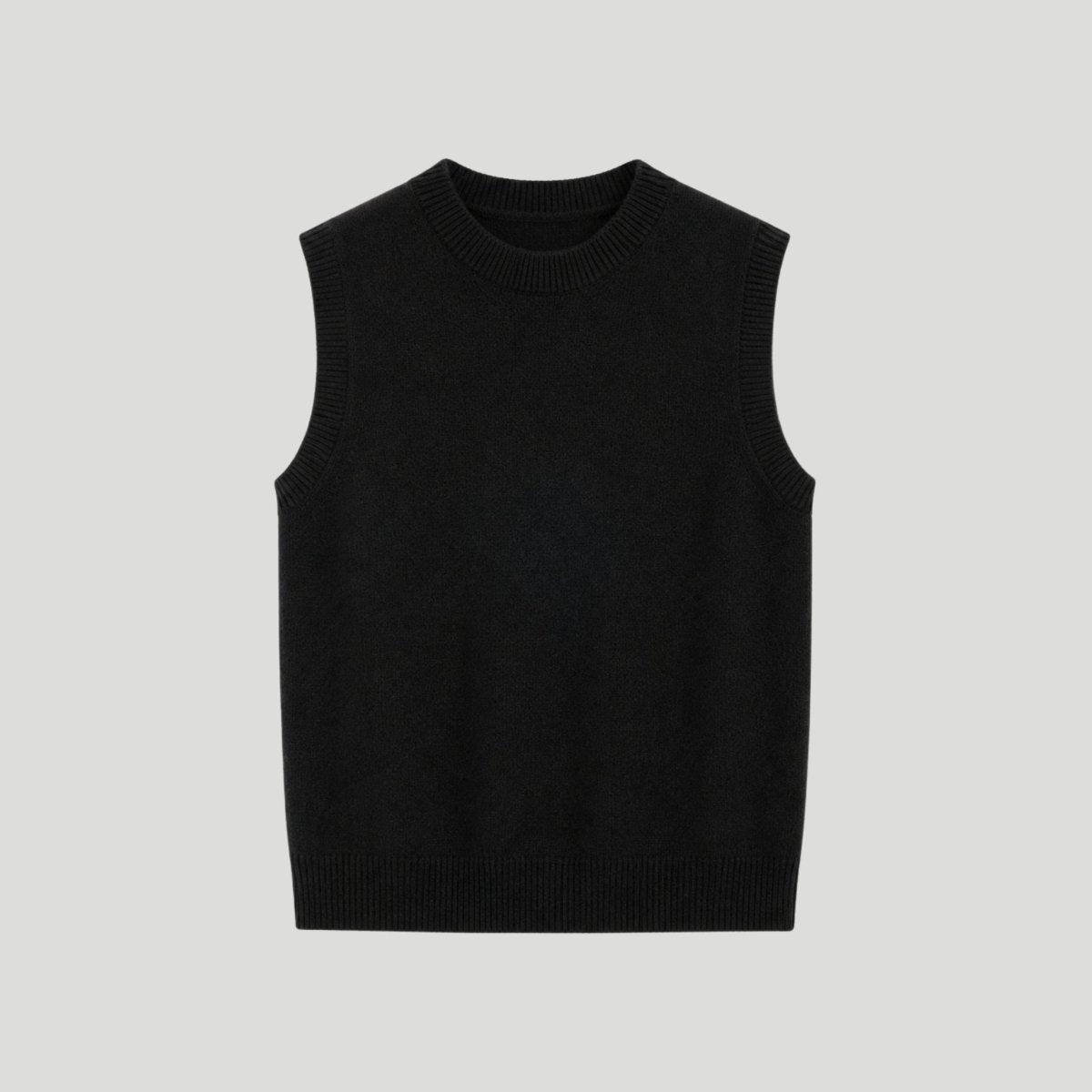 Flat lay of women's black crew neck knit sweater vest without buttons