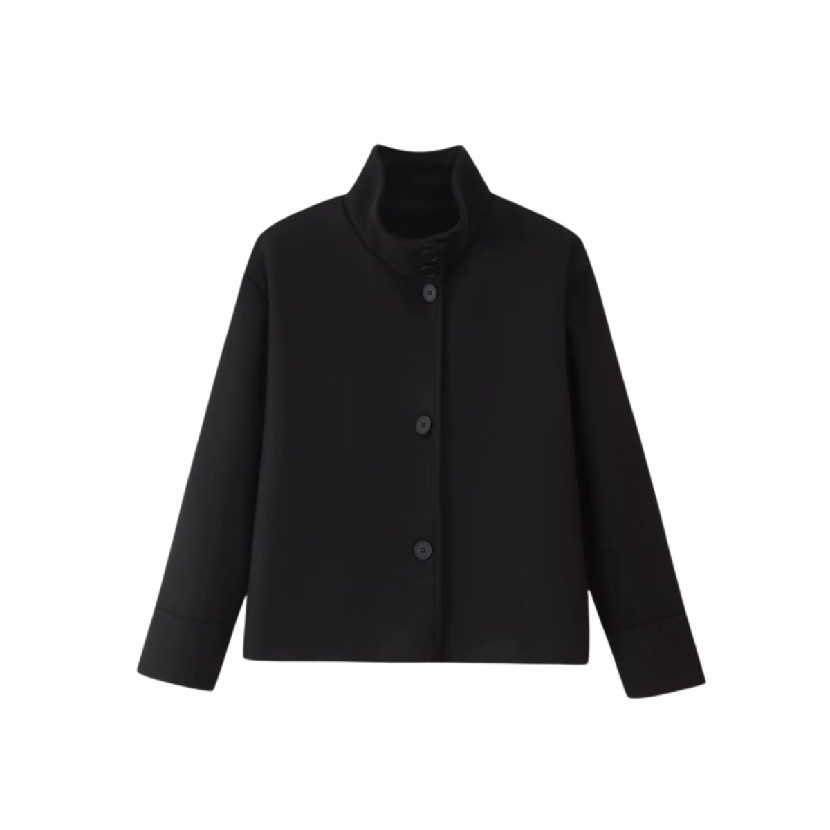 Ghost mannequin front view of the black funnel neck structured jacket highlighting the high collar and button closure.