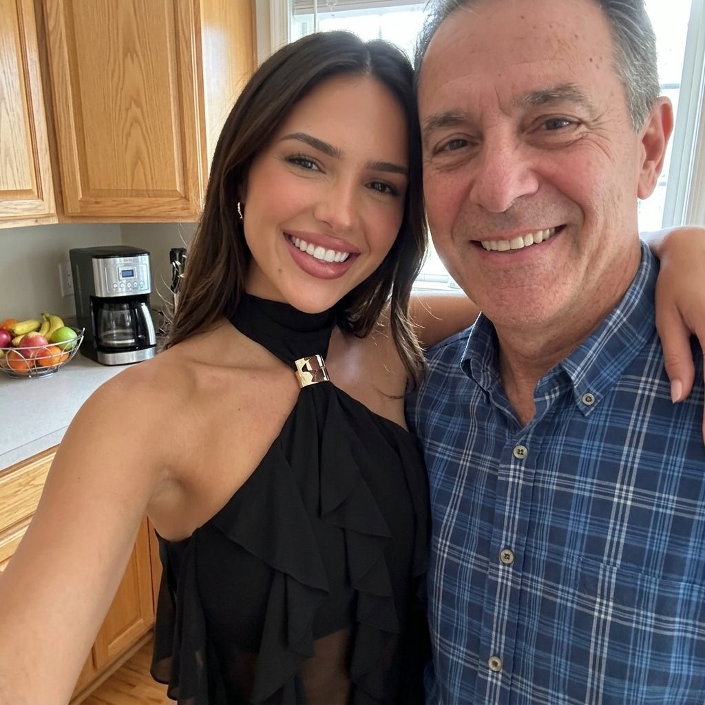 Lifestyle selfie of a smiling woman posing in a kitchen wearing the luxurious black ruffle halter top by Kouvr.
