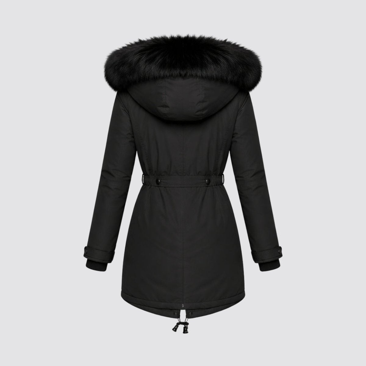 Back view of an unmodeled black winter parka coat showing structured seams, waist cinching, and an oversized faux fur hood.