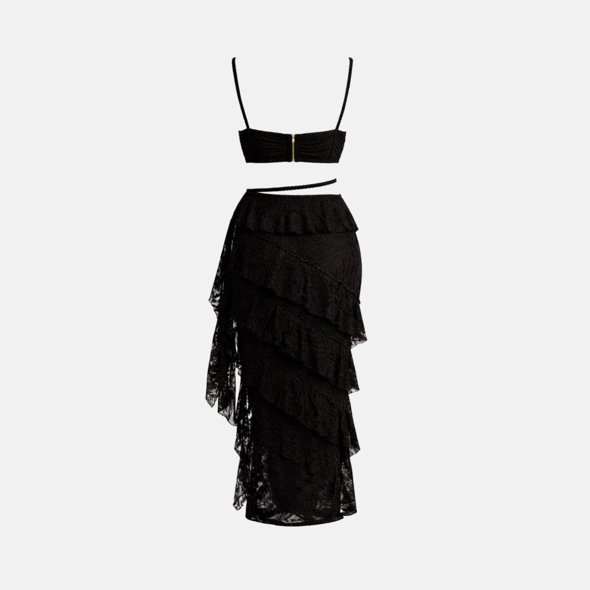 Flat lay back view of black lace matching set highlighting the back zipper closure and asymmetrical skirt hemline
