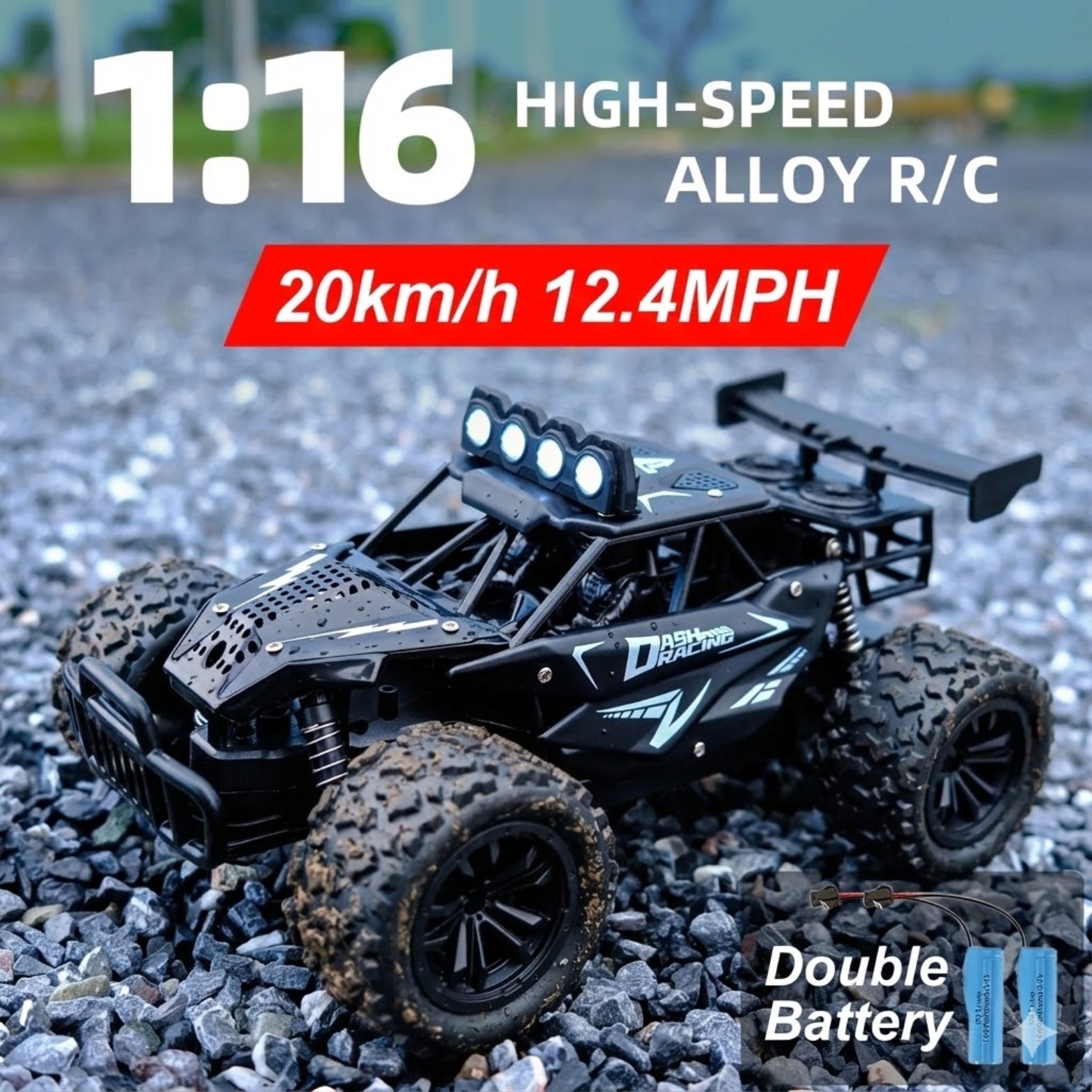 The black off-road RC buggy with its roof-mounted LED lights turned on, parked on loose dirt terrain.