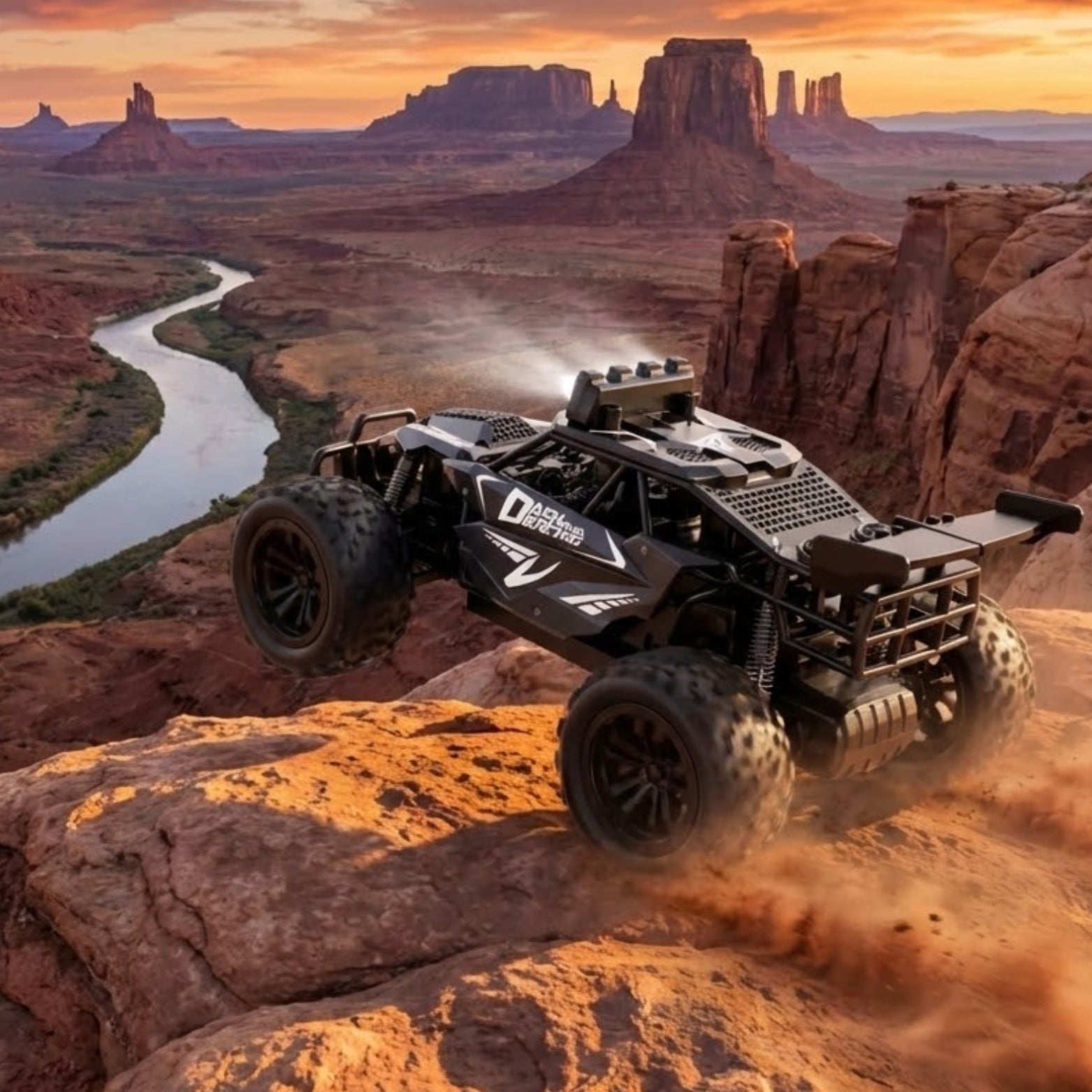 A black RC crawler car kicking up dust as it jumps from a red rock cliff edge, with a river canyon in the background.