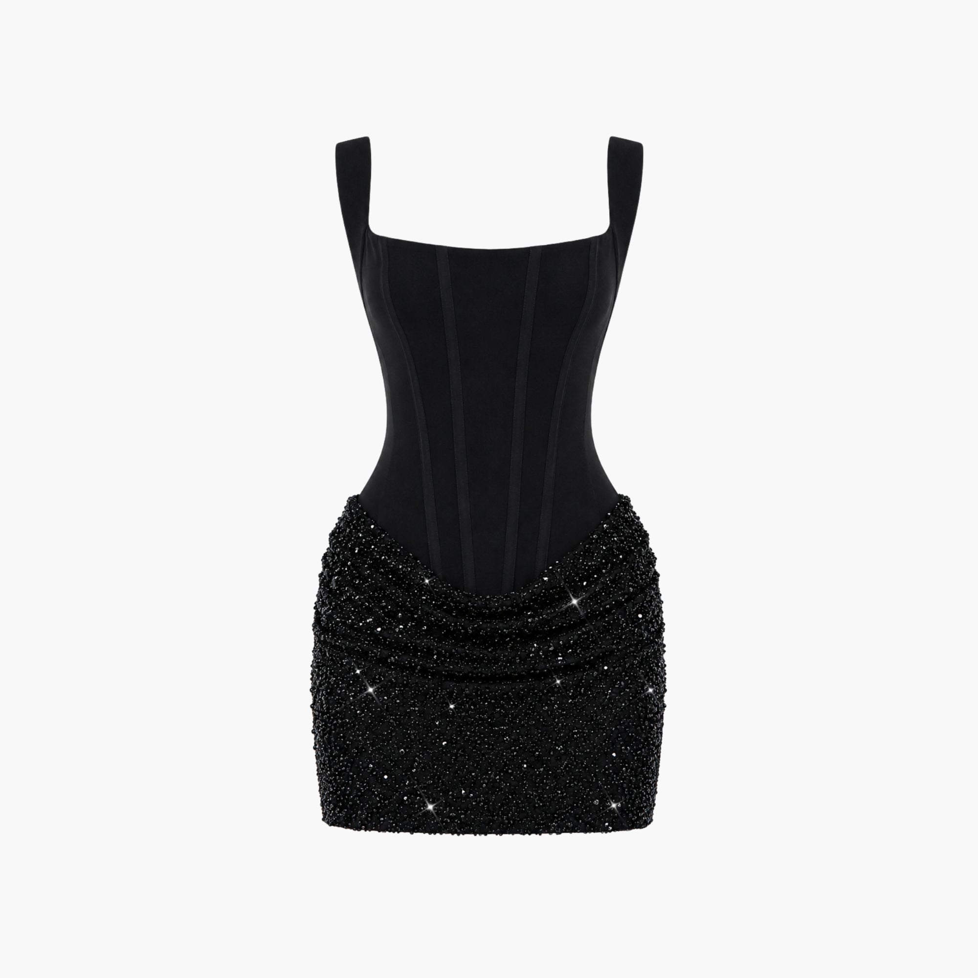 Flat lay product shot of black luxury corset mini dress with heavy sequin skirt embellishment.
