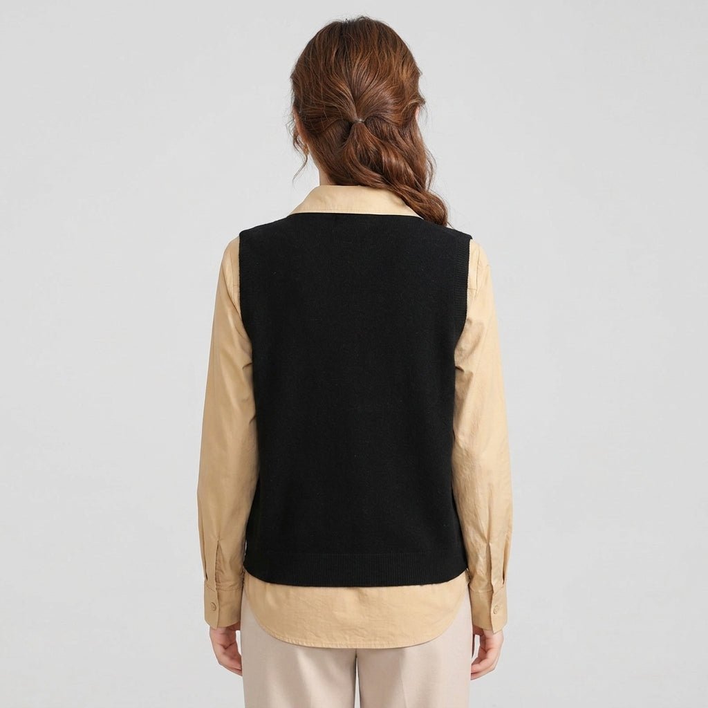 Back view of women's black sleeveless knit cardigan vest with ribbed hem over a tan shirt